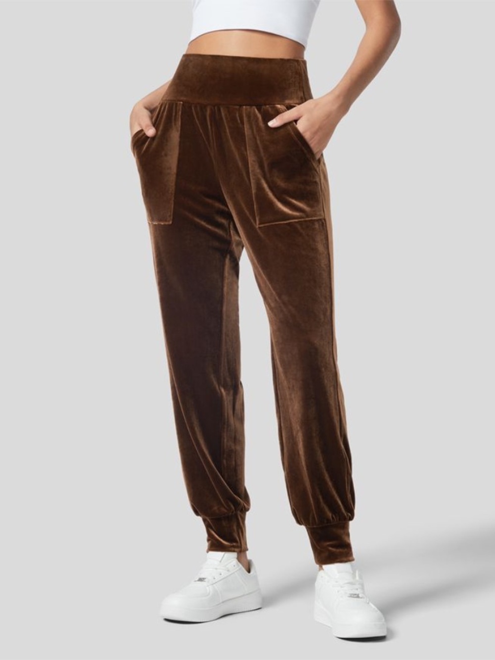 Halara High Waisted Side Pocket Velvet Casual Joggers Patina Brown - M/Regular